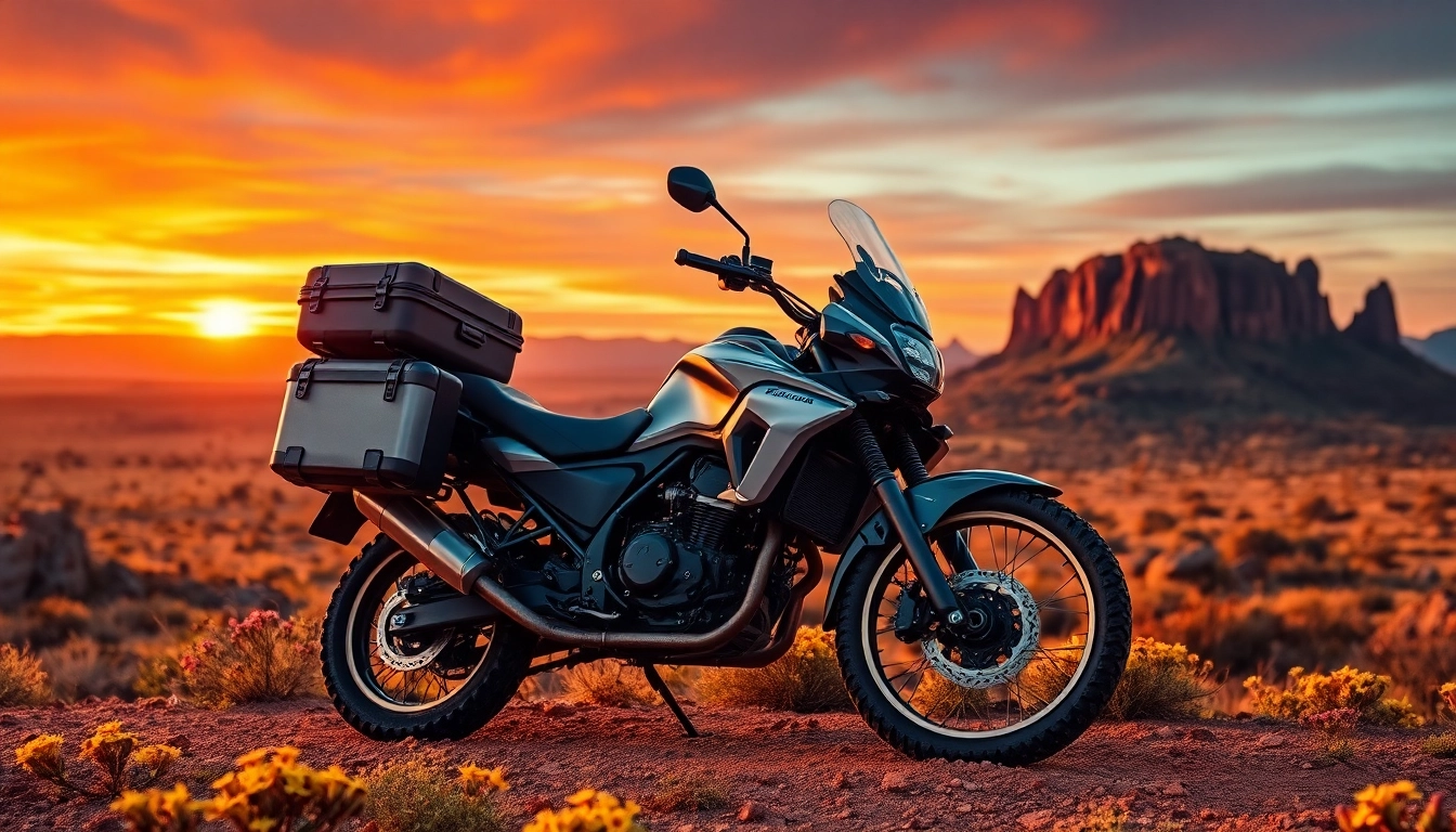 Engaging adventure motorcycle luggage Australia set against a vibrant sunset landscape