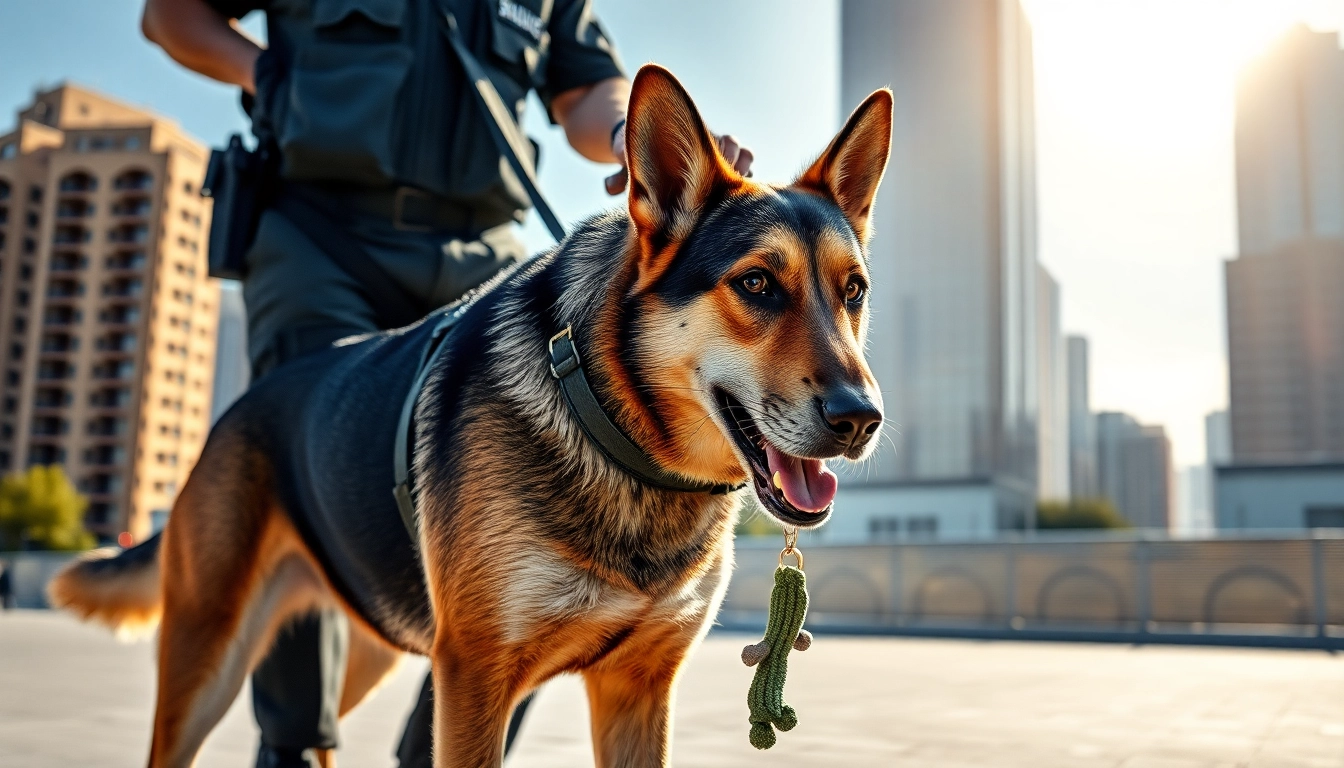 Security Dog Services Liverpool showcasing a trained dog and handler in an urban environment.