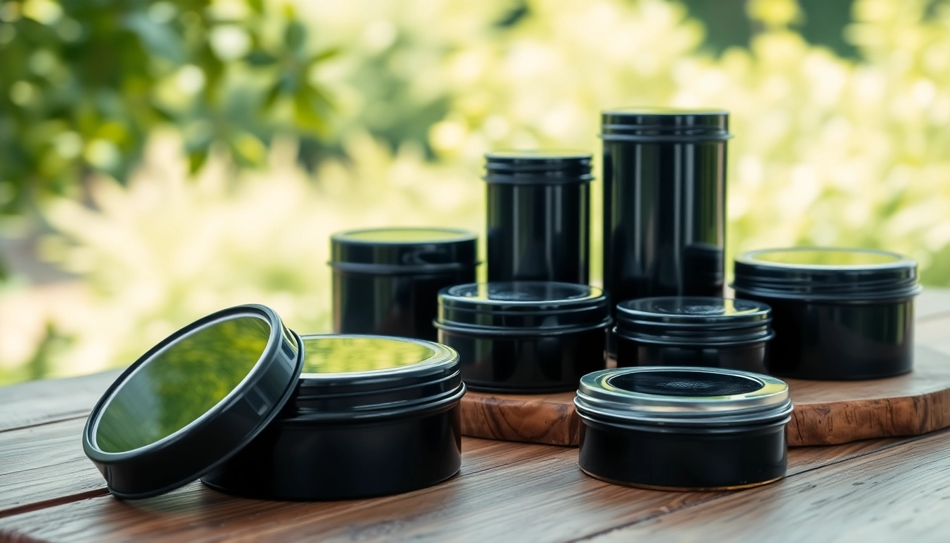Showcasing elegant black tins with intricate designs on a rustic wooden table for premium packaging.