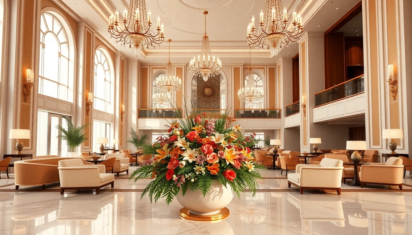 Luxurious hotel lobby featuring elegant design, rich textures, and inviting atmosphere.