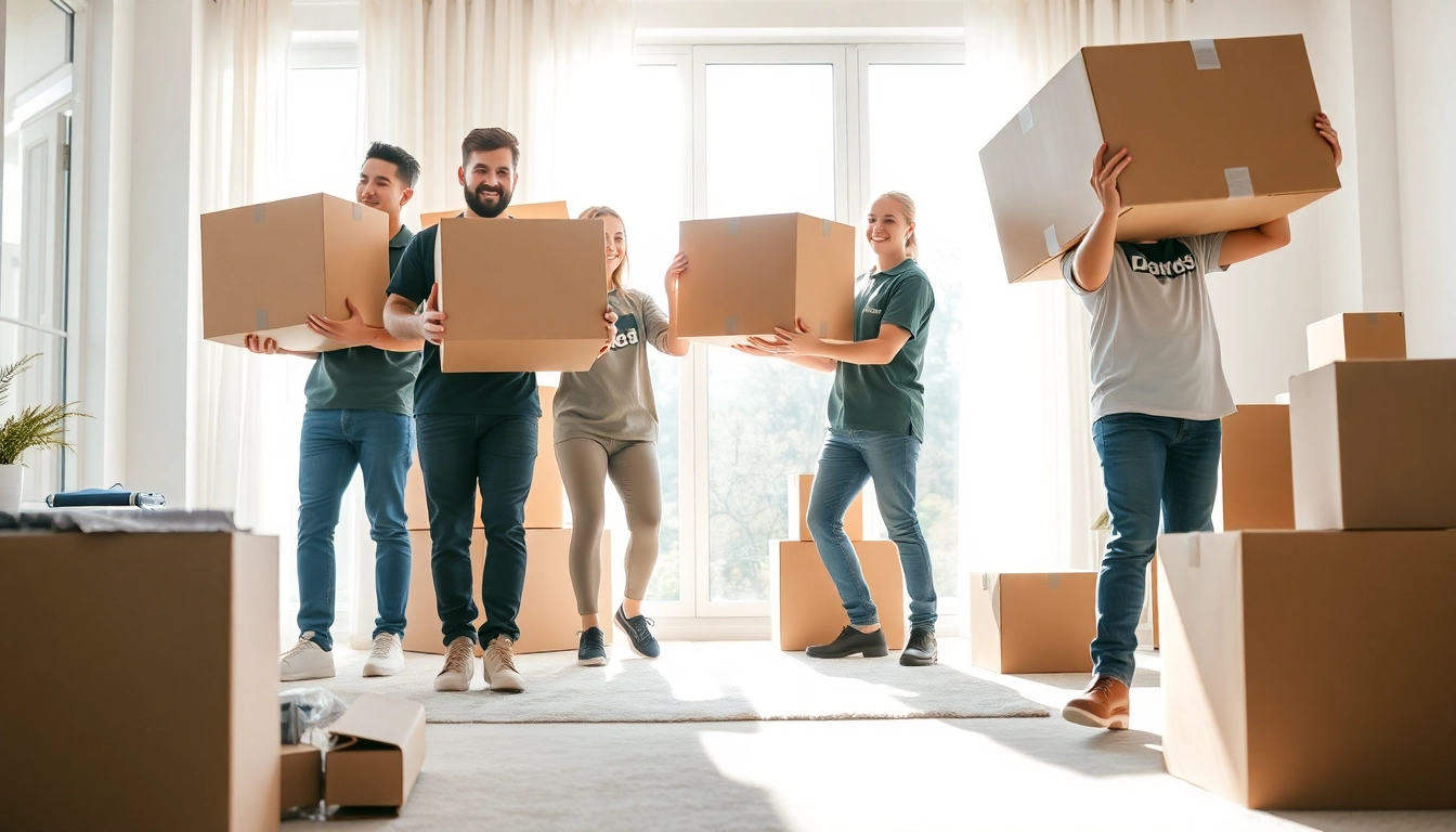Movers calgary team efficiently collaborating to lift boxes in a bright living room.