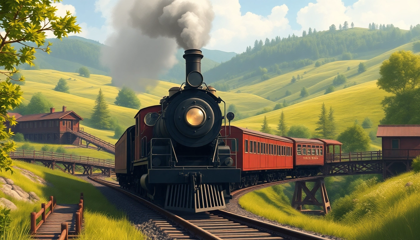 Explore the vintage steam locomotive from the railroad tycoon free download game in a 19th-century landscape.