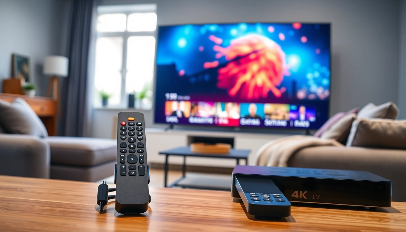 Comprar IPTV en una configuración moderna de streaming en casa, mostrando televisión 4K.