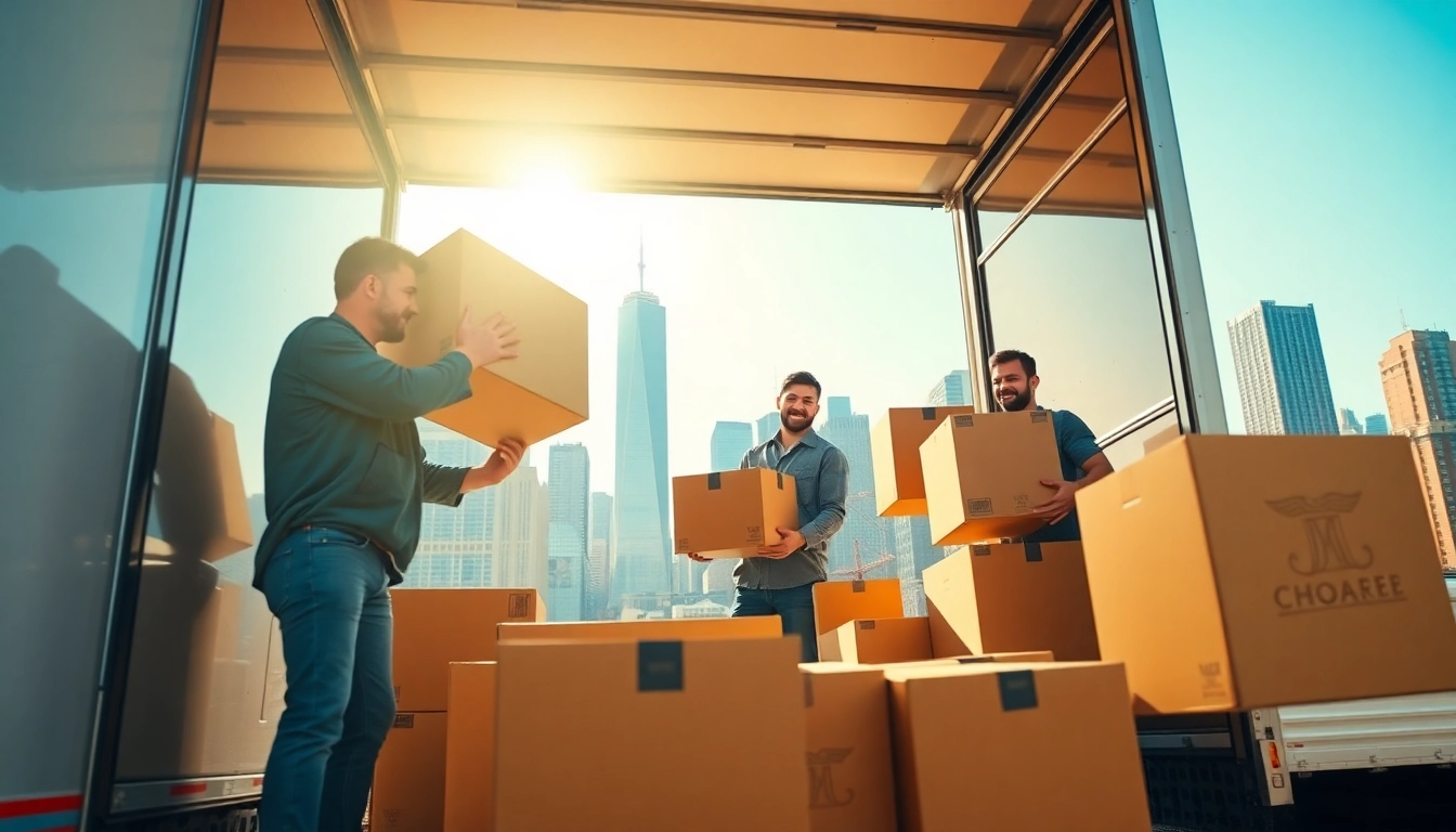 NYC movers expertly packing and loading a moving truck against a vibrant New York skyline.