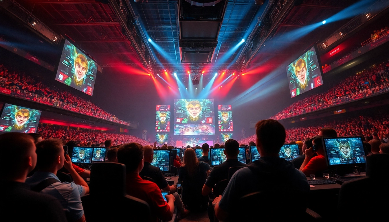 Dota 2 players competing vigorously in a vibrant eSports arena filled with fans.