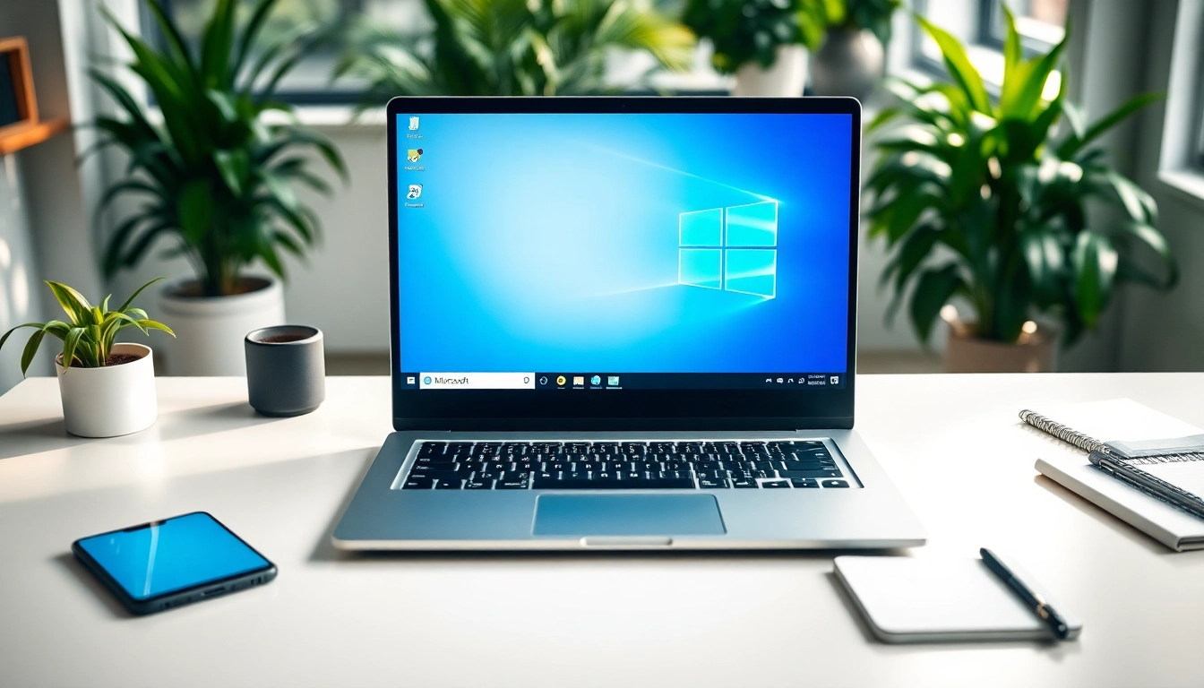 Microsoft Windows auf einem Laptop in einem modernen Büro mit eleganten Accessoires.