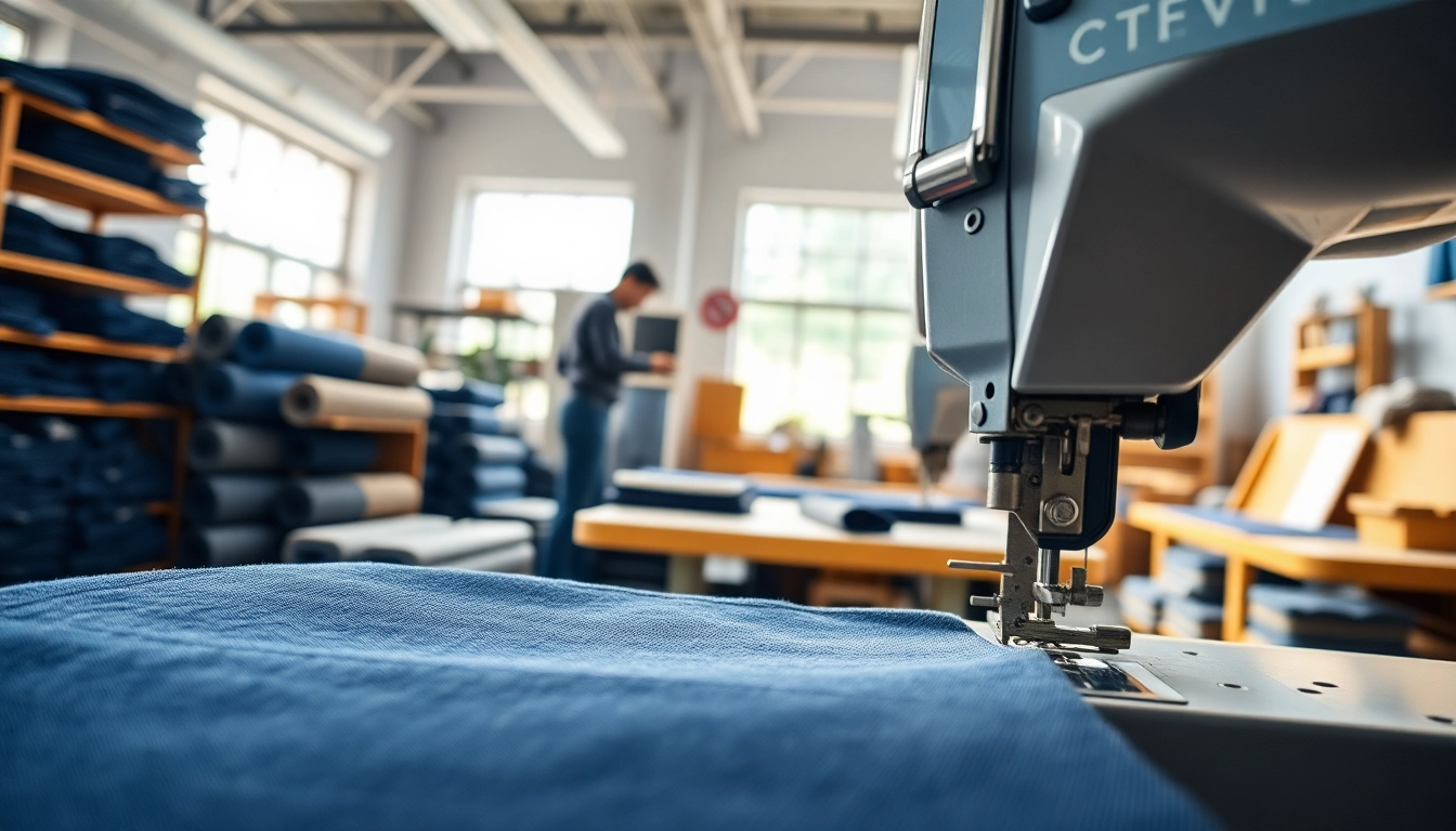 Visualize jeans cloth manufacturers showcasing denim production in a vibrant workshop