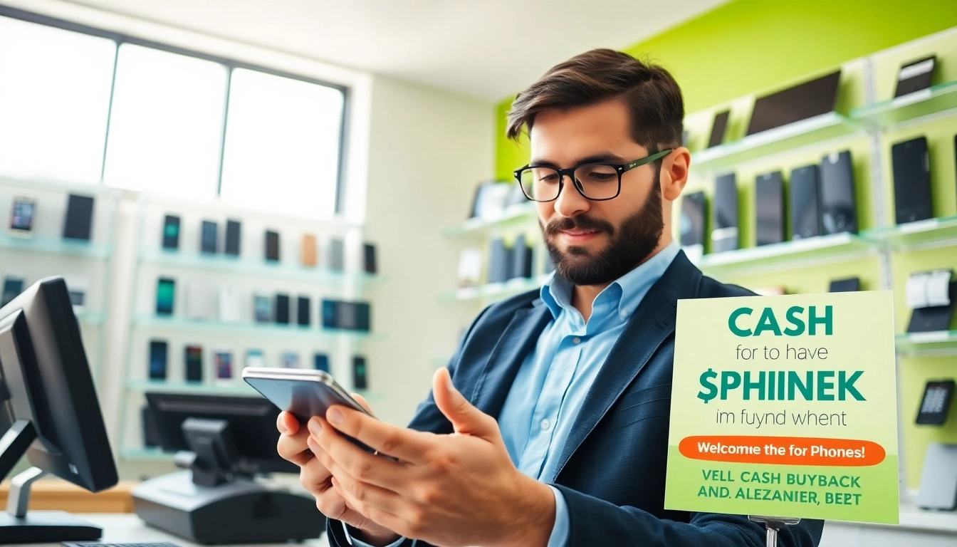 Get cash for phones Alexander AR with a professional buyer reviewing smartphones in a modern retail setting.