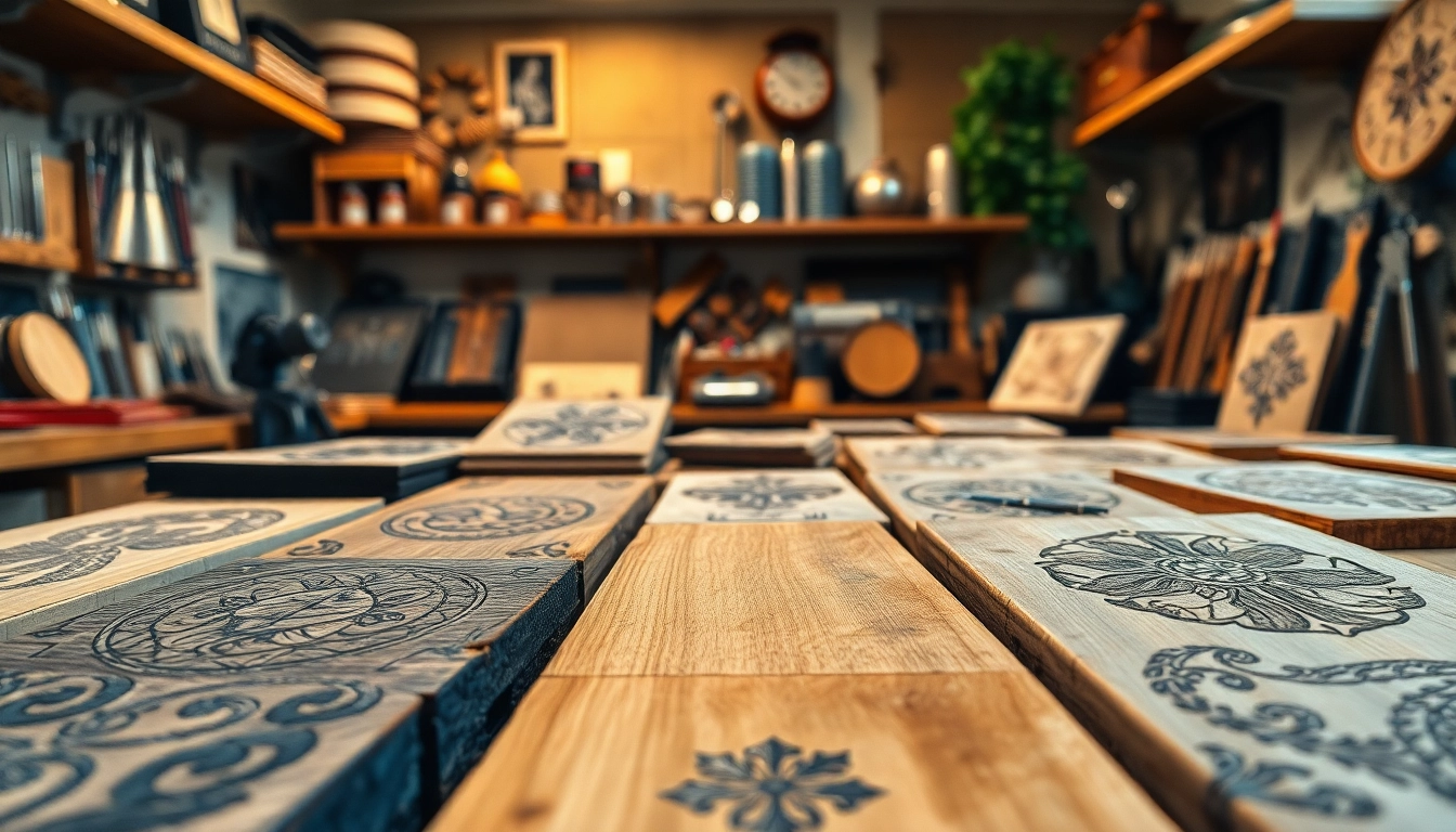 Showcasing engravings on diverse materials with intricate designs and craftsmanship in a studio setting.