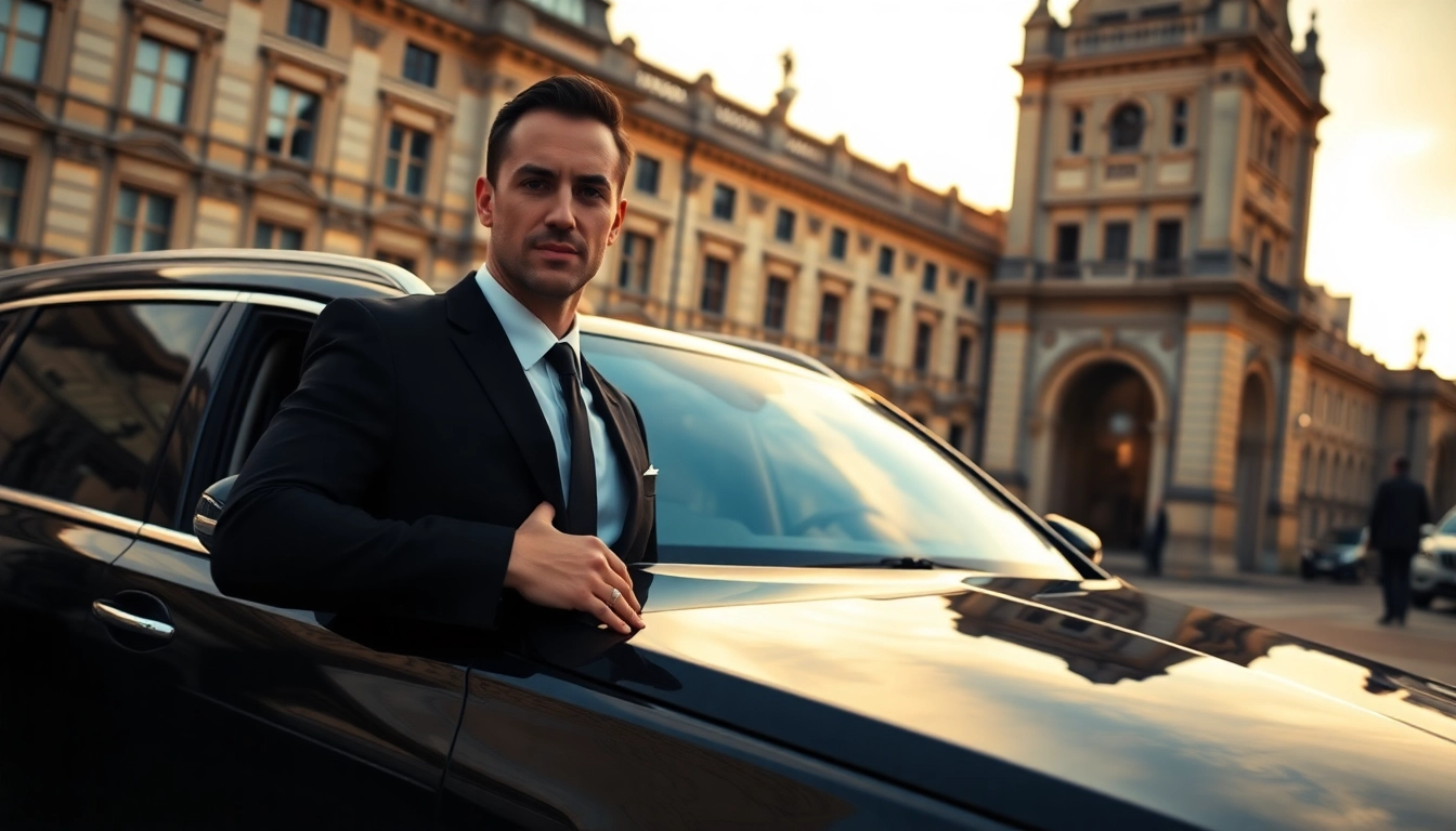 luxurious london chauffeur waiting by a black car in front of a historic landmark