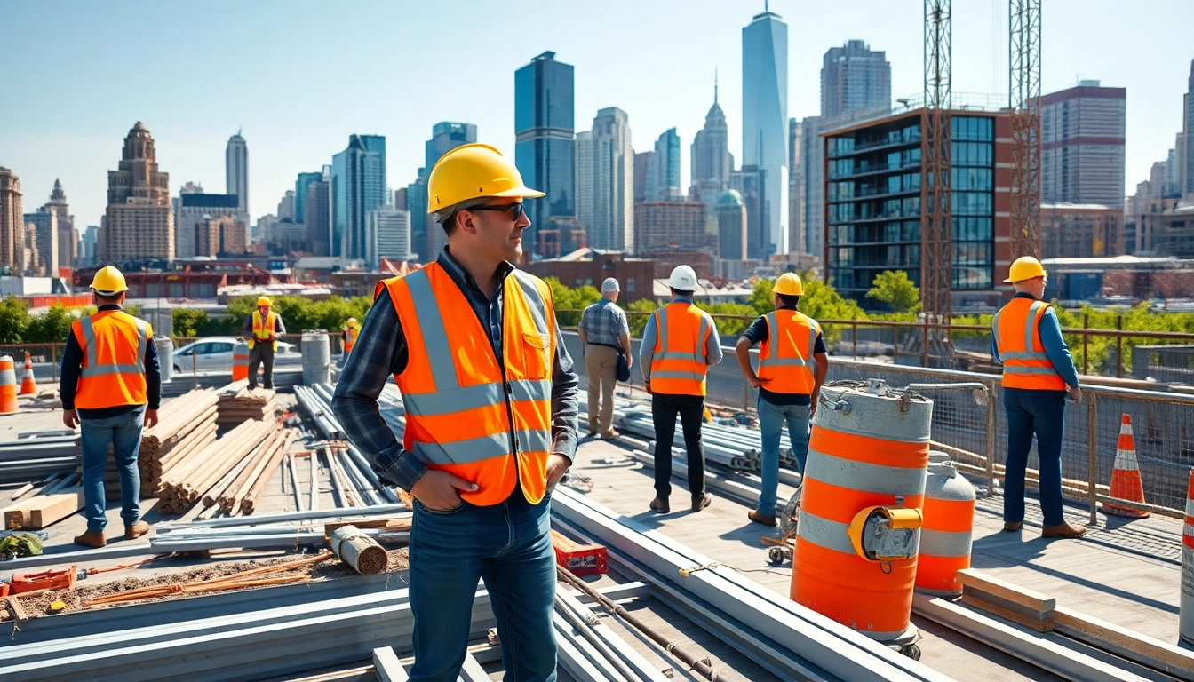New York Construction Manager leading a diverse team at an urban construction site in New York City.