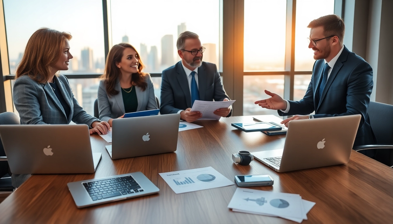 Streamlined corporate travel solutions discussed by professional agents in a modern office.