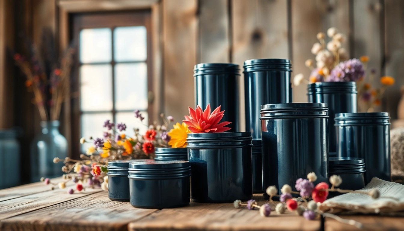 Showcasing black tins on a rustic wooden table among vibrant props.