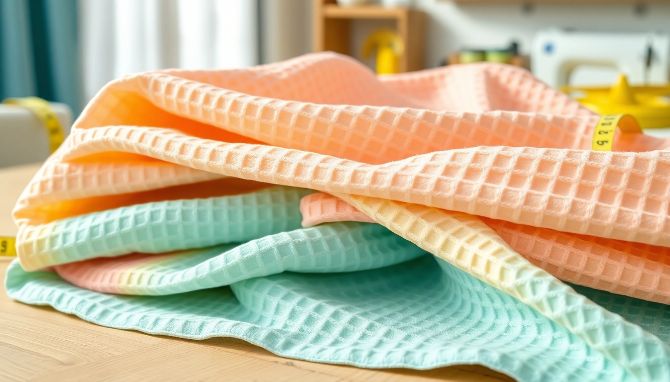 Wafel katoen stof met unieke structuur en kleuren, geschikt voor diverse toepassingen.