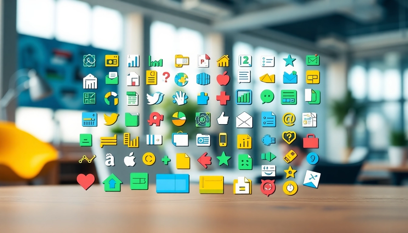Showcase a variety of colorful Icons designed for digital use in a creative workspace.