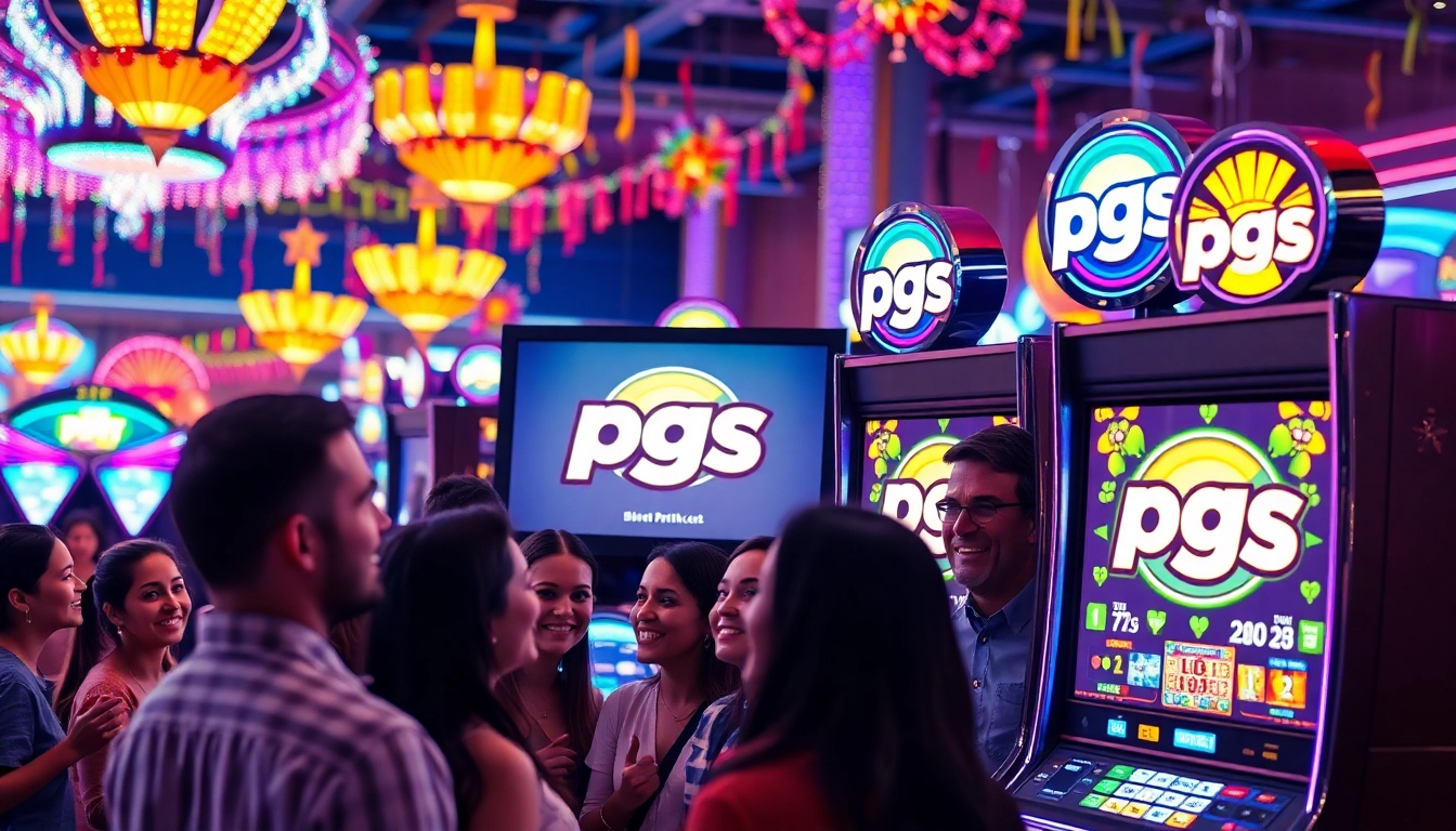 Players enjoying excitement at pgslot machines in a vibrant casino atmosphere