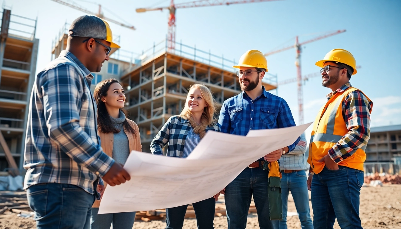 New Jersey Commercial General Contractor teams collaborating on a construction project with blueprints.