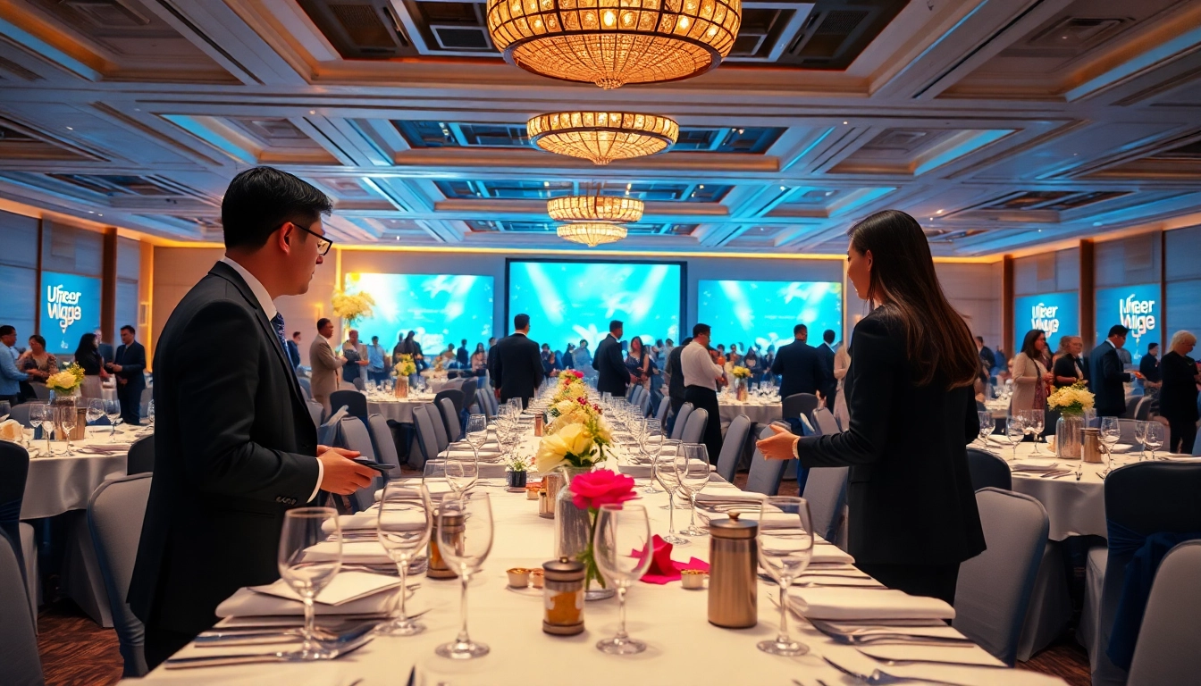 Corporate event planner Singapore coordinating a lavish gala with elegant decor and a vibrant atmosphere.