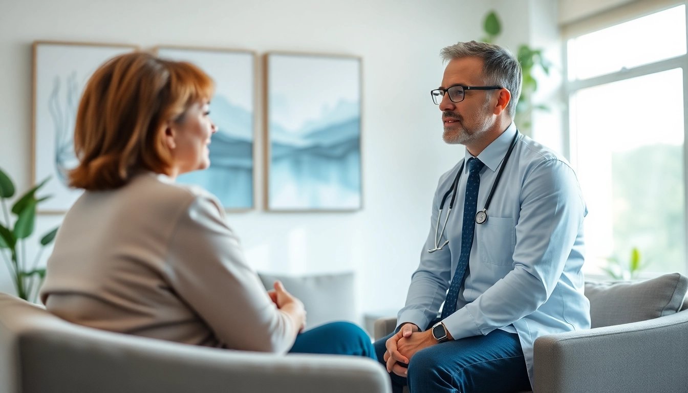 Psychiatrist engaging thoughtfully with a patient in a serene therapy setting.