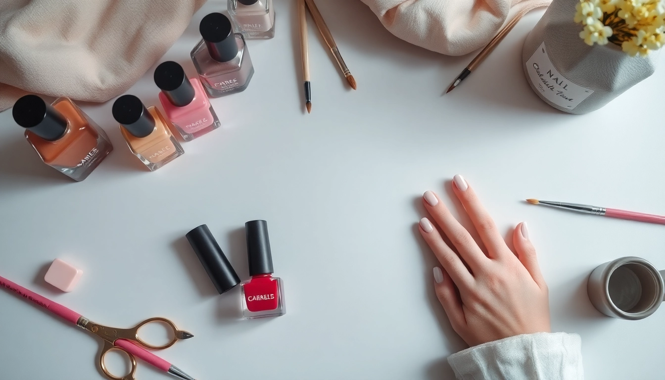 Nail Course tools and products displayed creatively in a bright workspace.