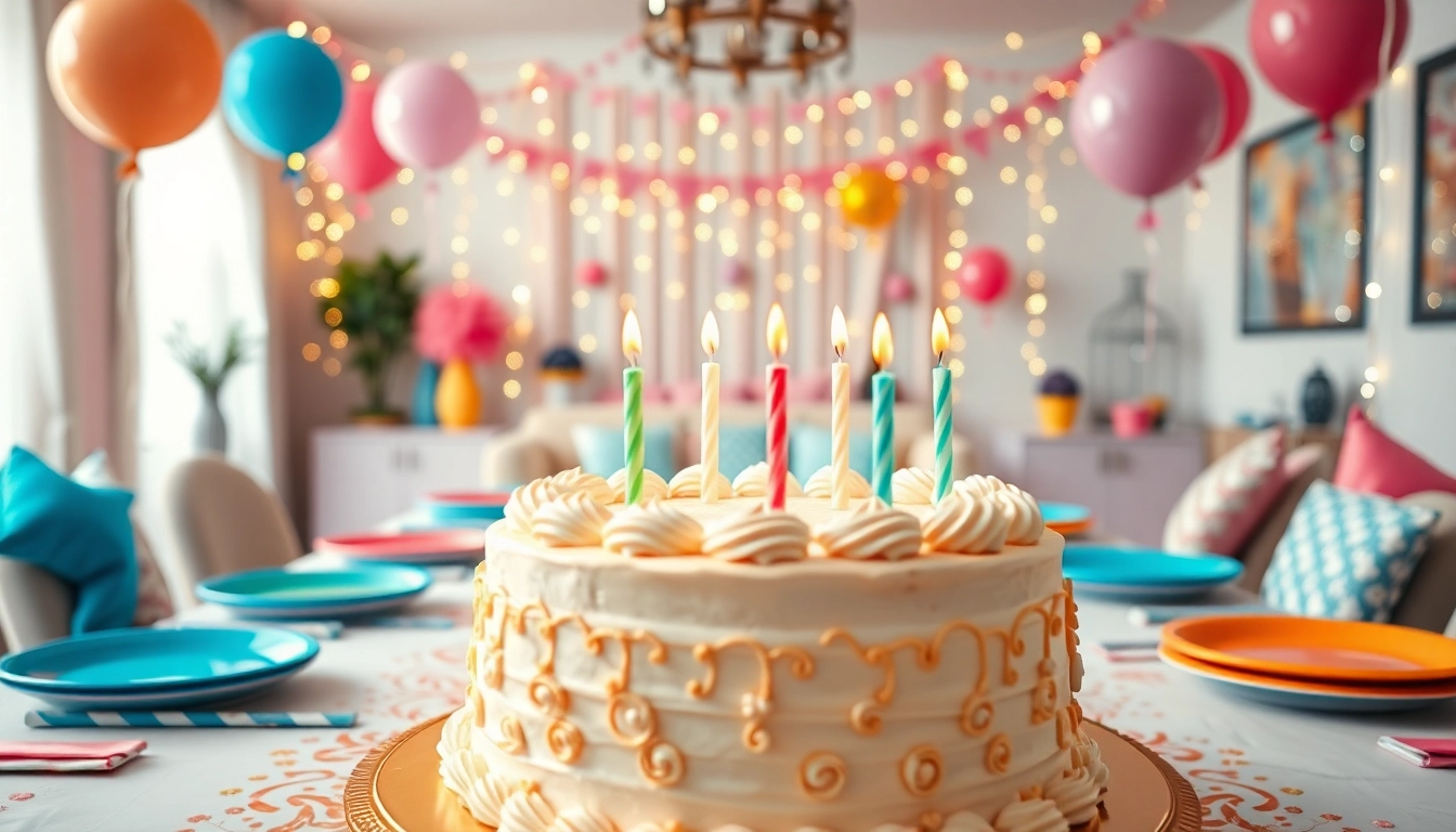 Celebrate with a vibrant Customizable birthday party setup featuring personalized decorations and a stunning cake.