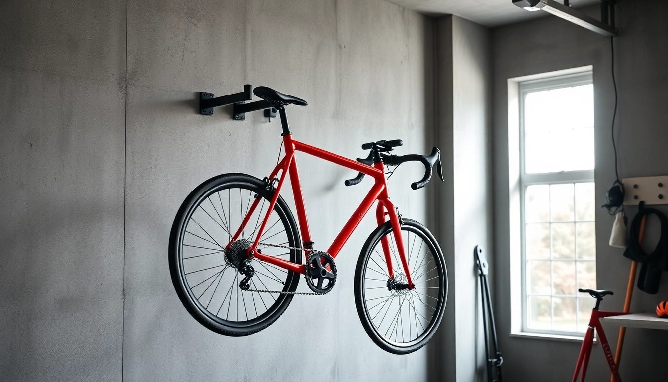 Bike wall mount displaying a vibrant red mountain bike in a modern garage setting.