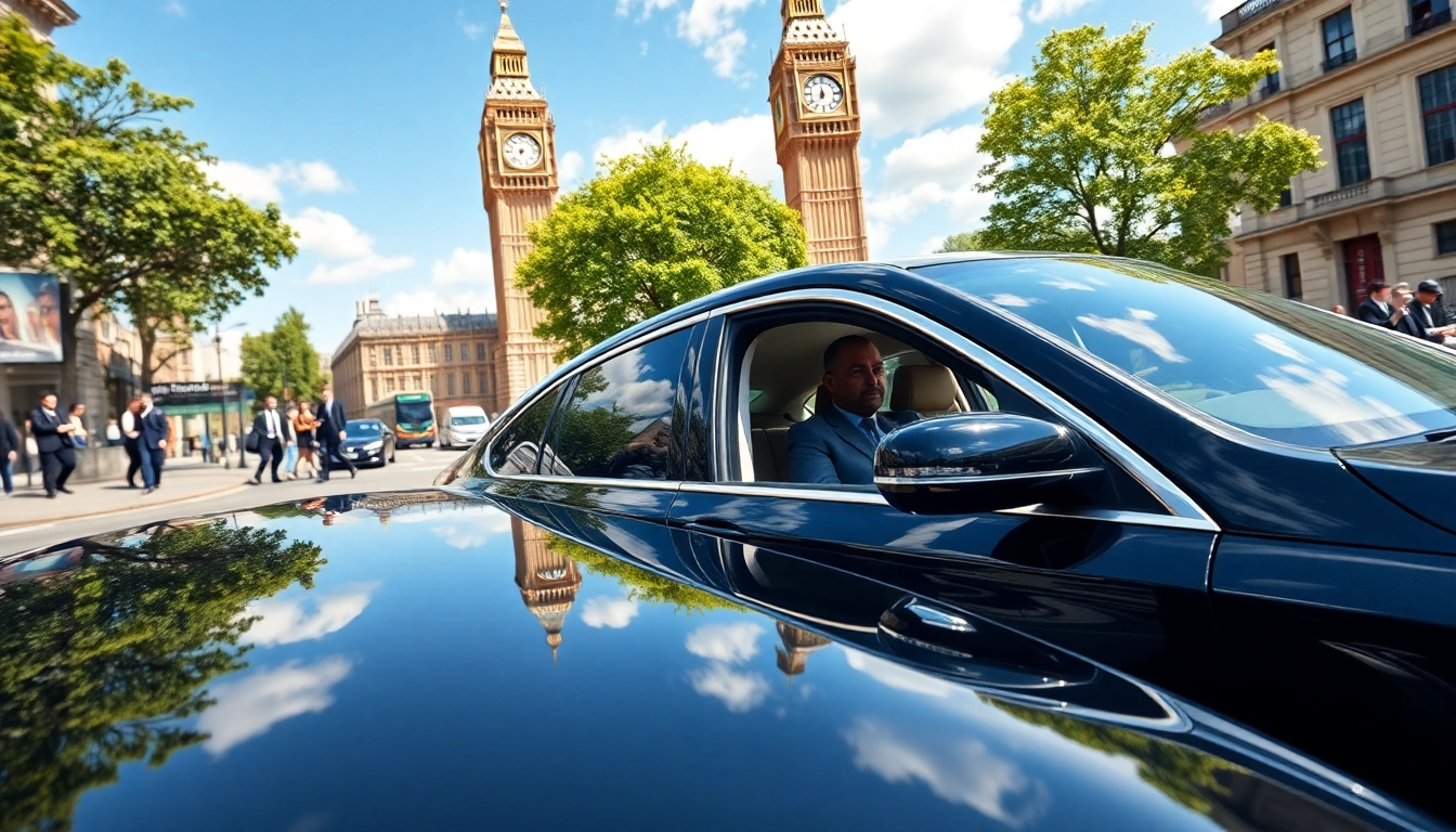 Luxury chauffeur service London driving a black sedan through the city, showcasing elegance and professionalism.