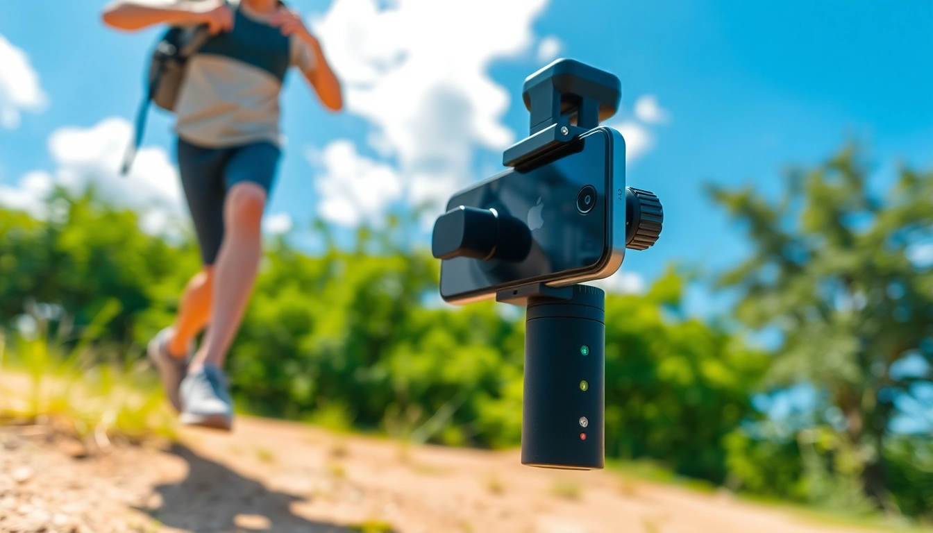 Stabilizing shot with a gimbal for iPhone, enhancing video quality outdoors.