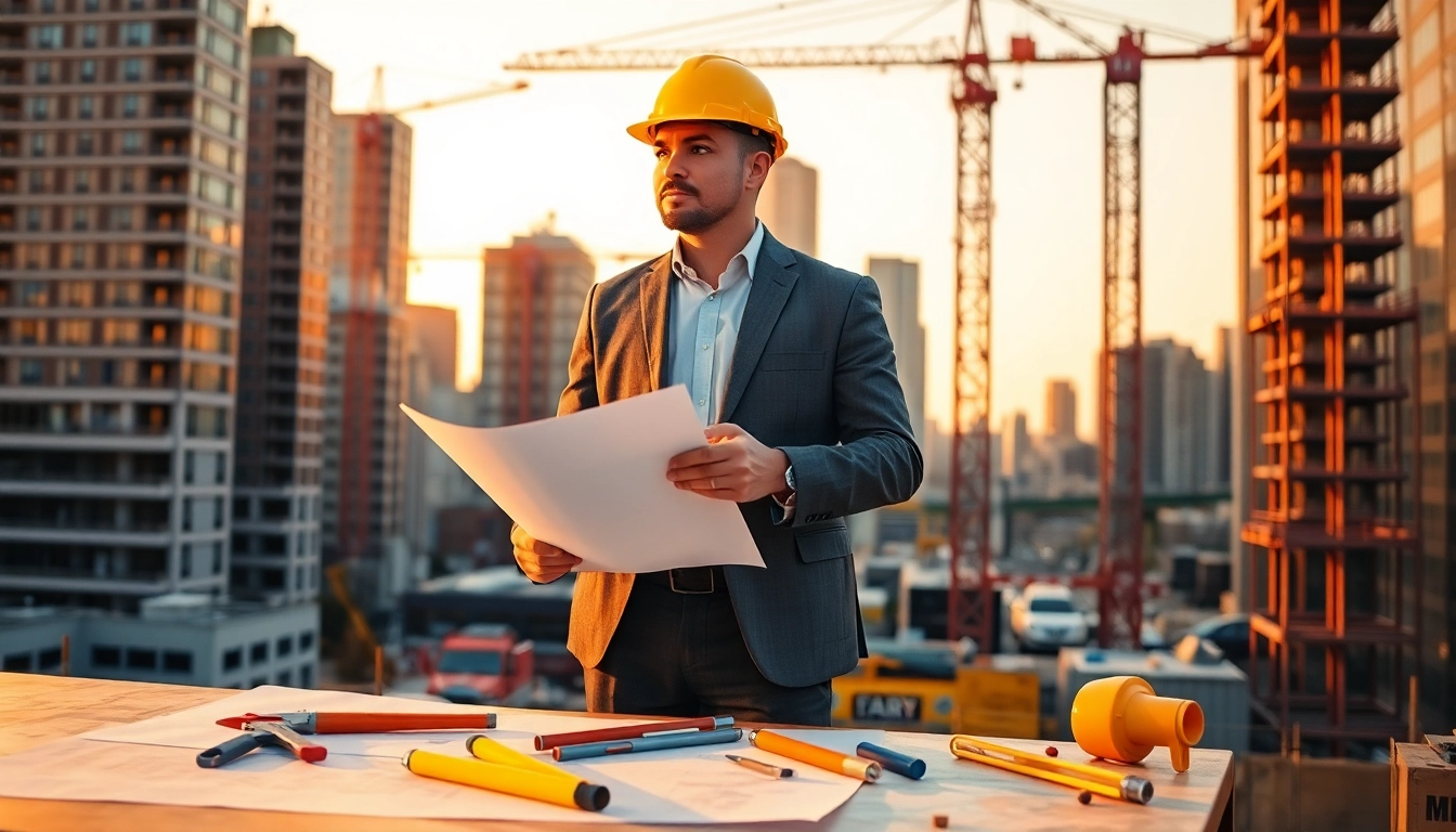 New York Construction Manager diligently overseeing a city site during golden hour.