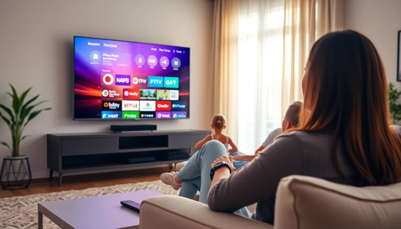 Profitez d'un service IPTV dans un salon moderne avec une télévision intelligente et une ambiance accueillante.