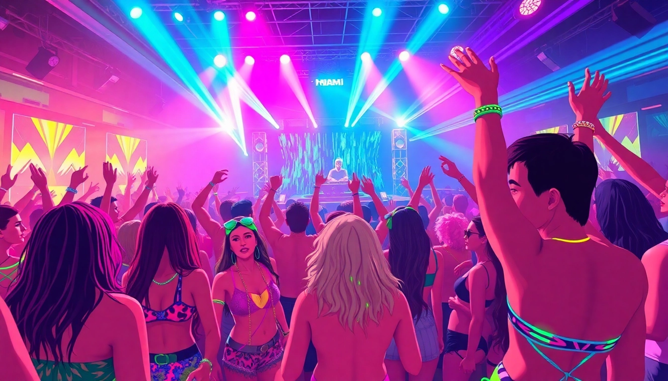 Experience the vibrant atmosphere of a miami rave with energetic dancers and colorful lights.