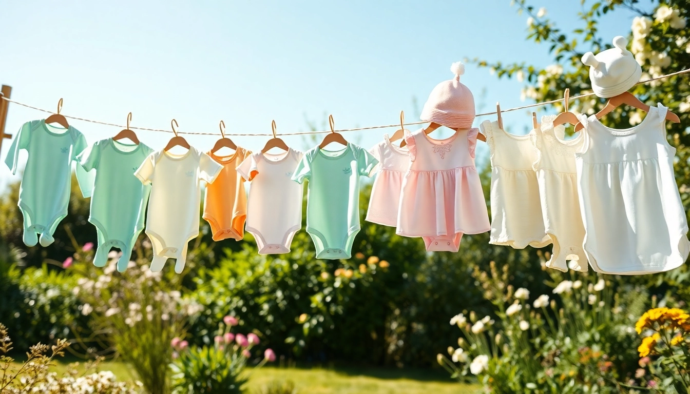 Adorable baby clothes displayed on a vintage clothesline in a sunny garden.