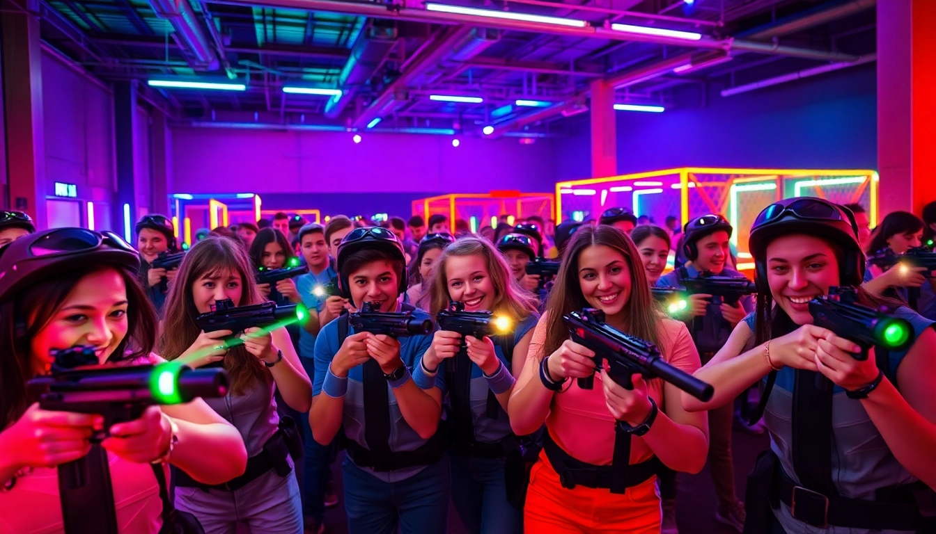 Participants enjoying a laser tag game in a lively indoor arena with colorful lighting.