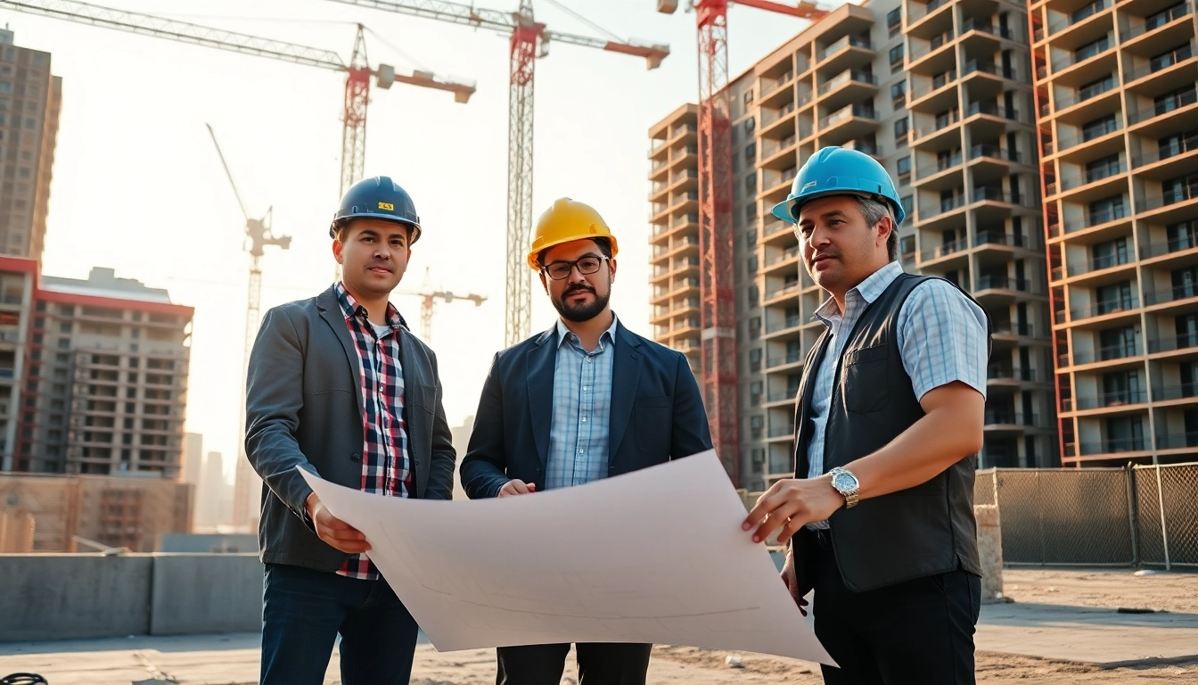 Manhattan Commercial General Contractor discussing project plans at a bustling construction site.