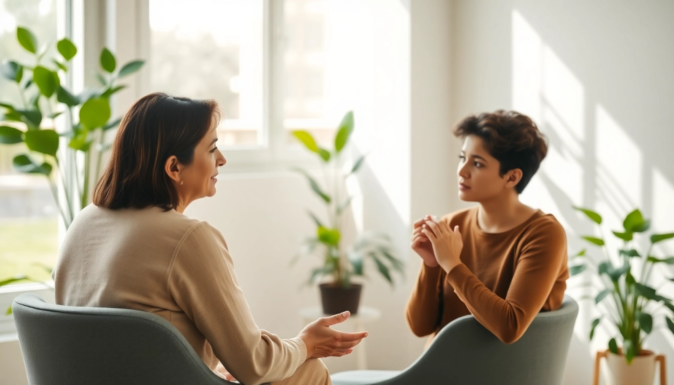 Addressing anxiety in a calm therapy session with a professional therapist and anxious client.