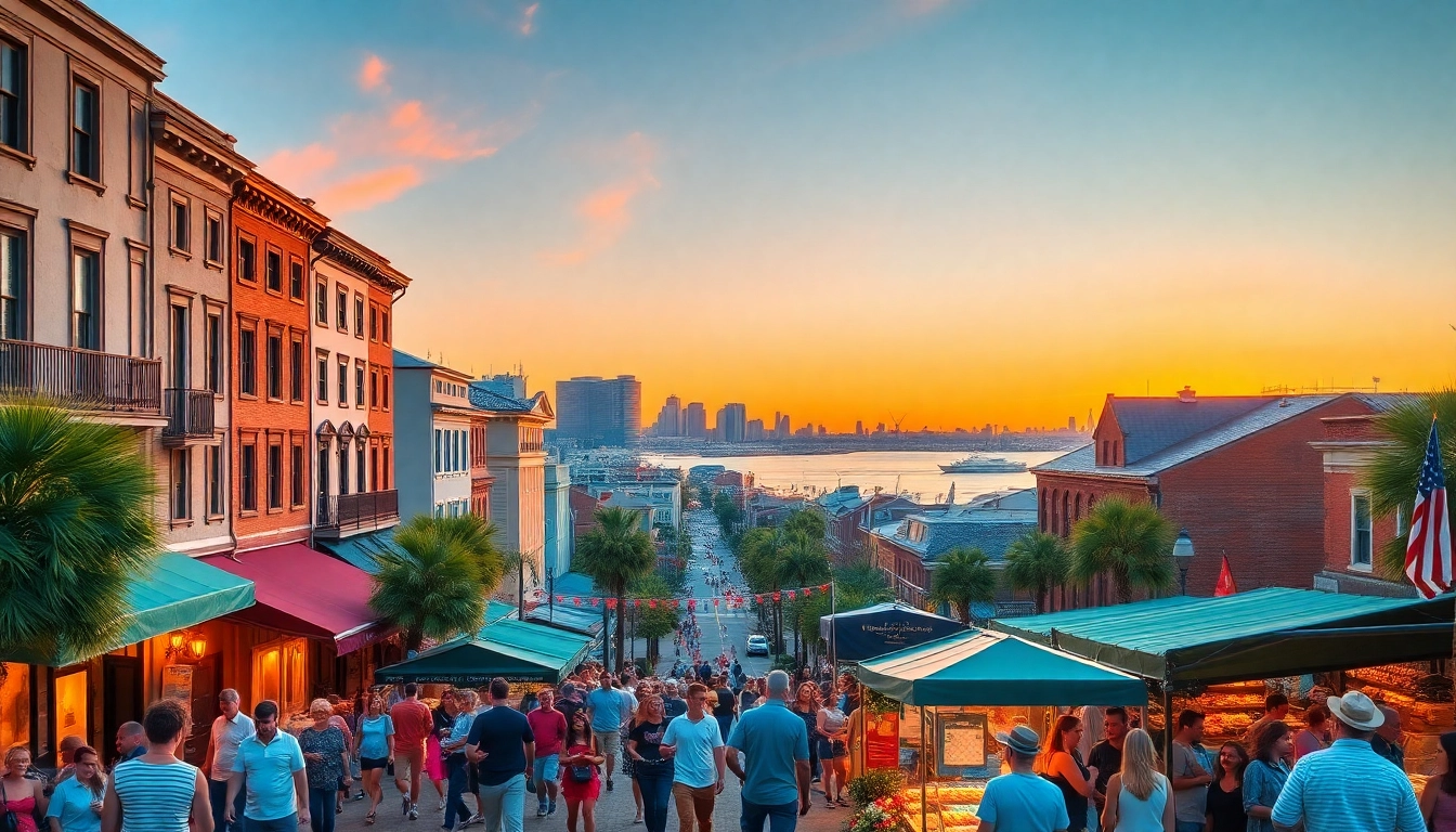 Visit Charleston SC. with vibrant market scenes and historic architecture at sunset.