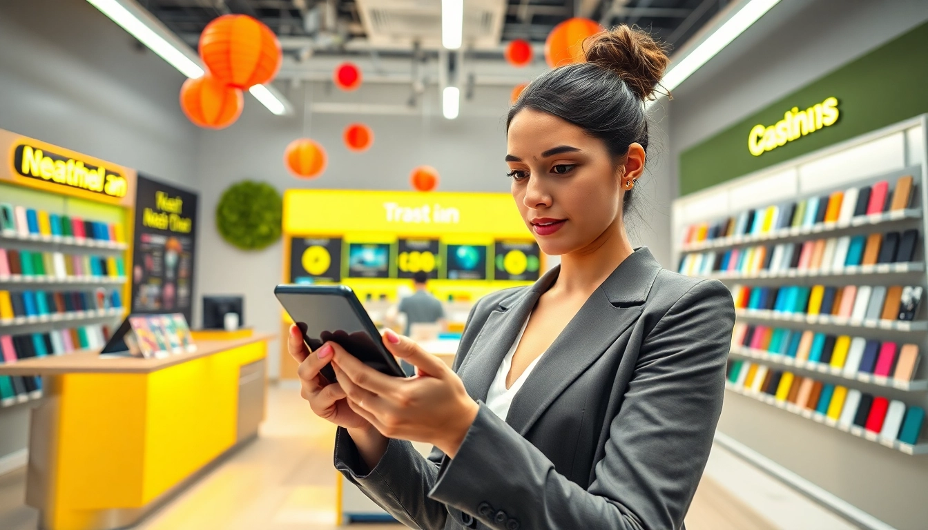 Engaging transaction for cash for phones Alexander AR with a customer at a bright, modern store.