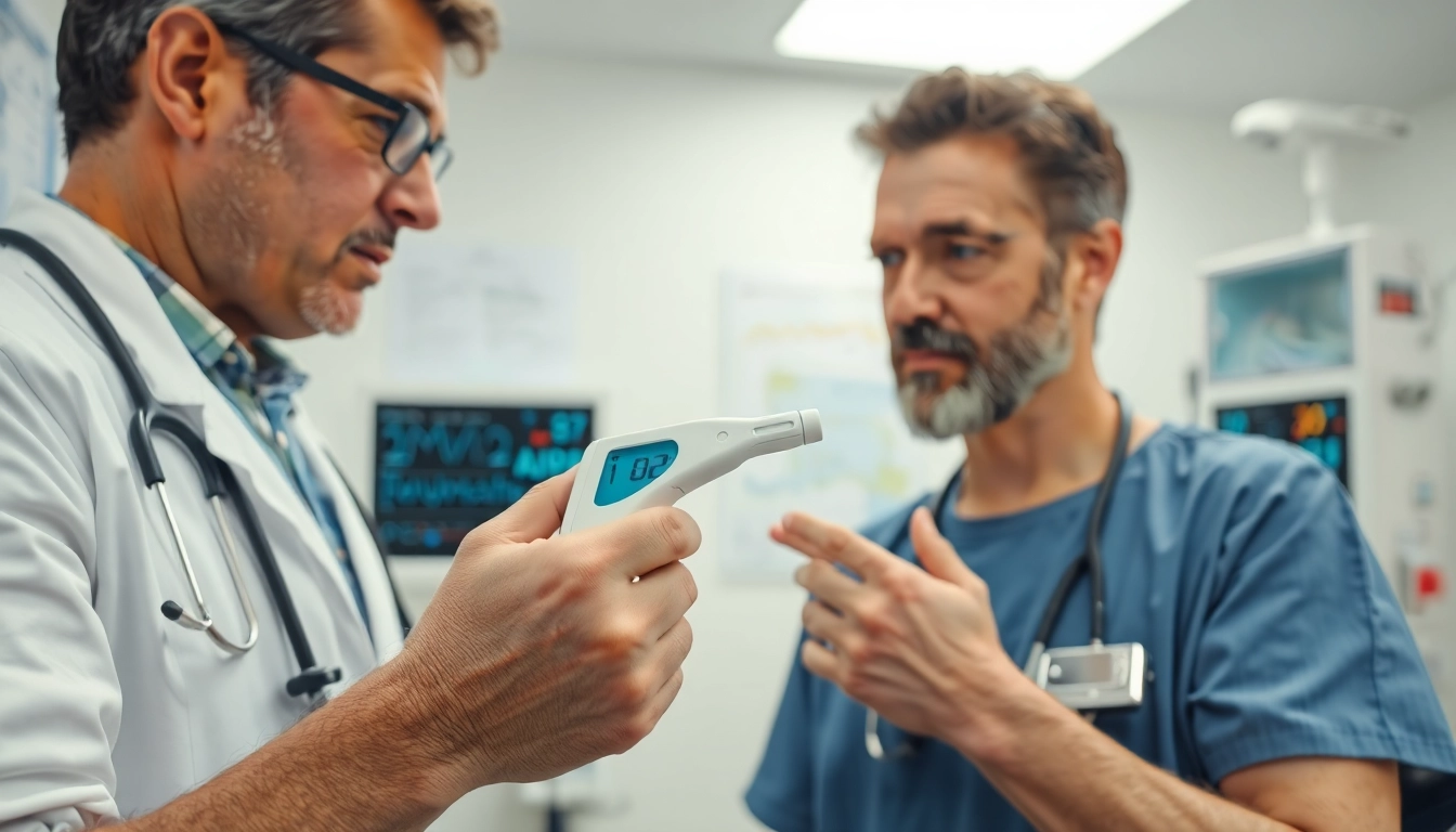 Assessing high temp symptoms in a healthcare environment with a doctor examining a patient.