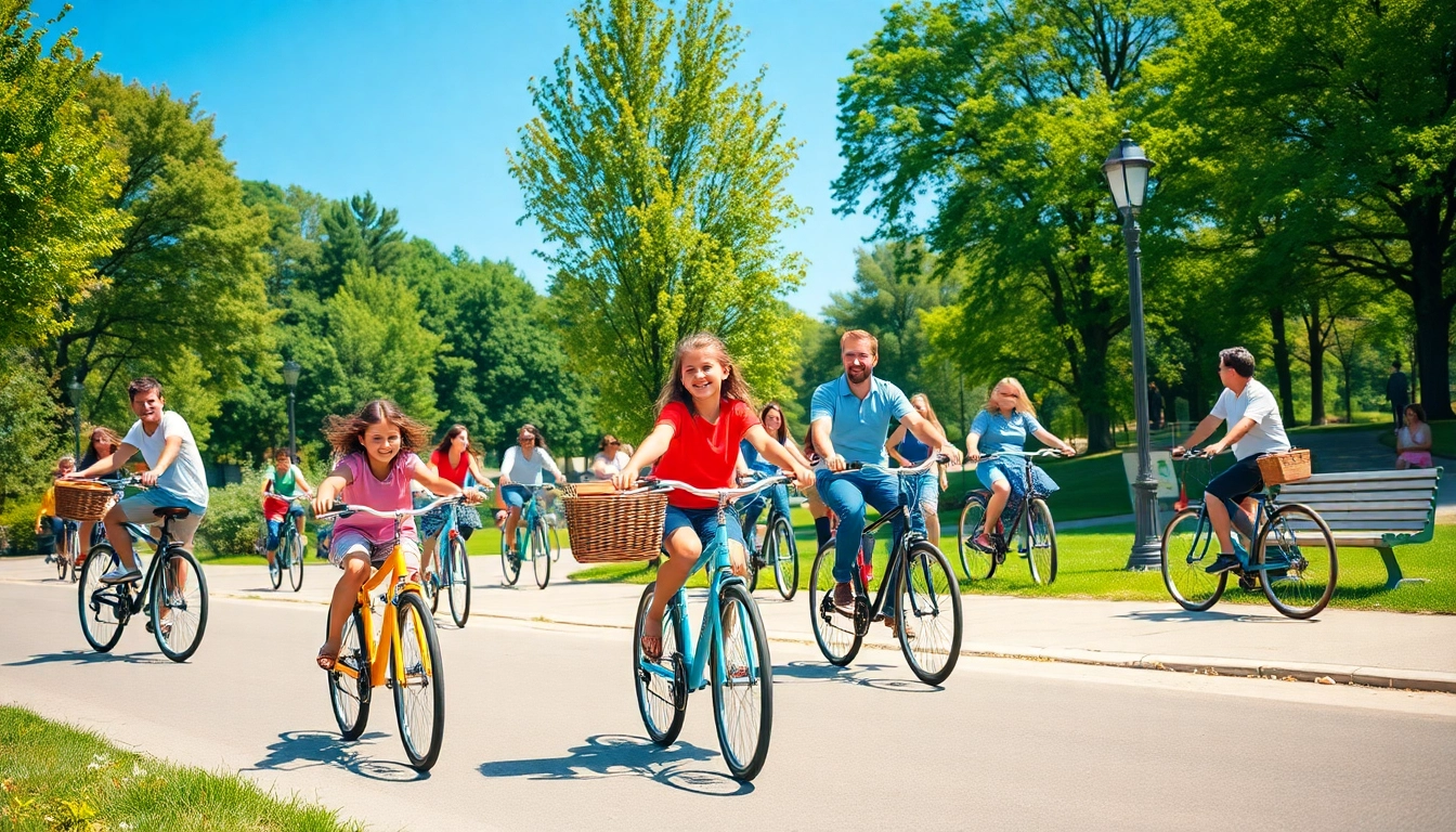 Engaging bike rental service in a lively urban park with diverse cyclists and colorful bicycles.