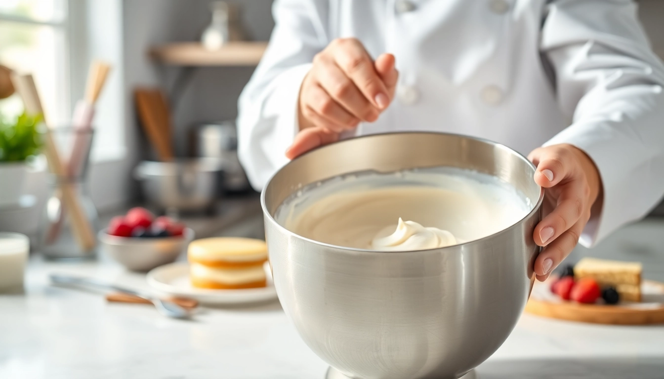 Mousseline bereiden met een zachte, luchtige textuur in een lichte keuken.
