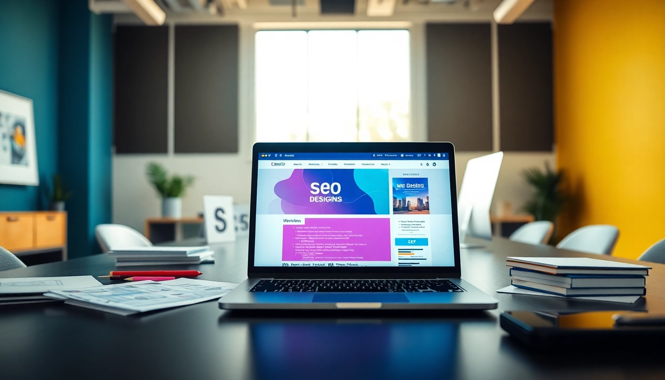 Showcase of web design and seo services highlighting a collaborative workspace with laptop and design tools.