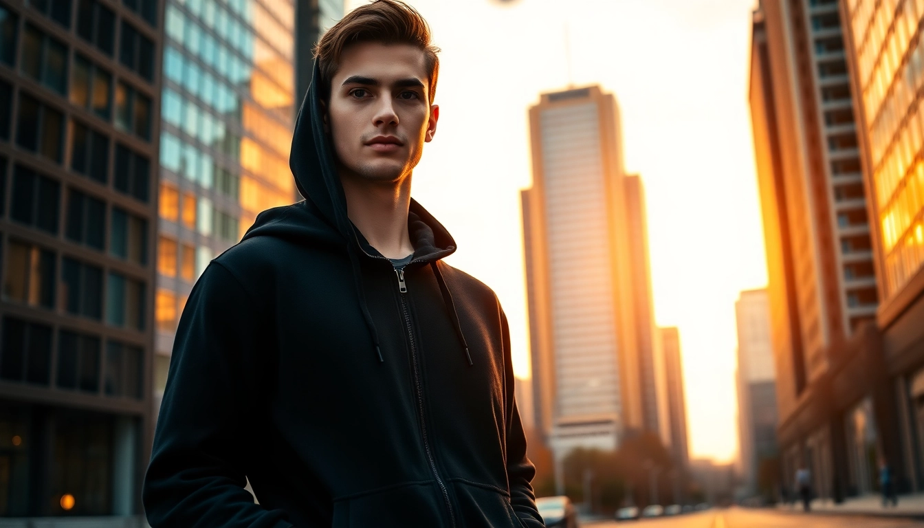 Model showcasing a trendy black zip up hoodie in a vibrant urban backdrop.