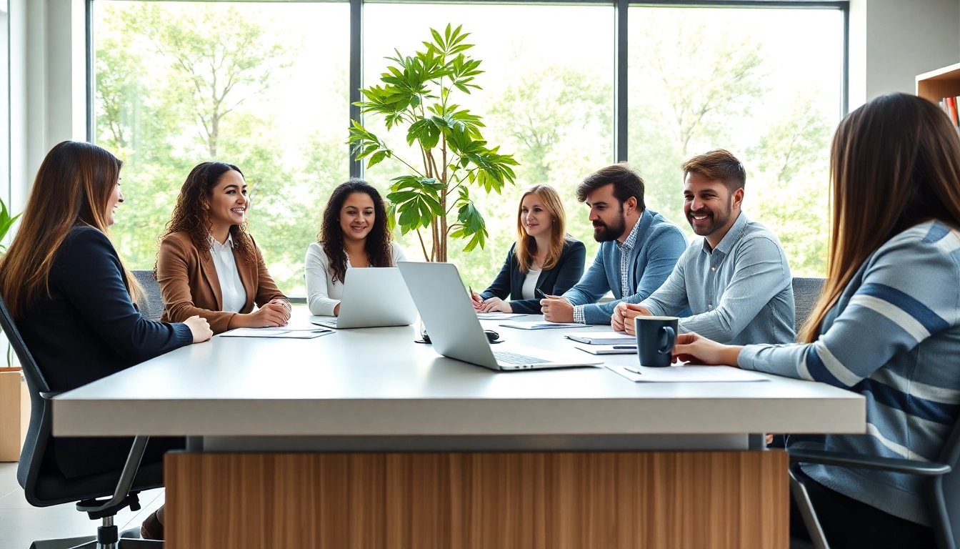 Independent insurance agency team consulting clients in a modern office setting.