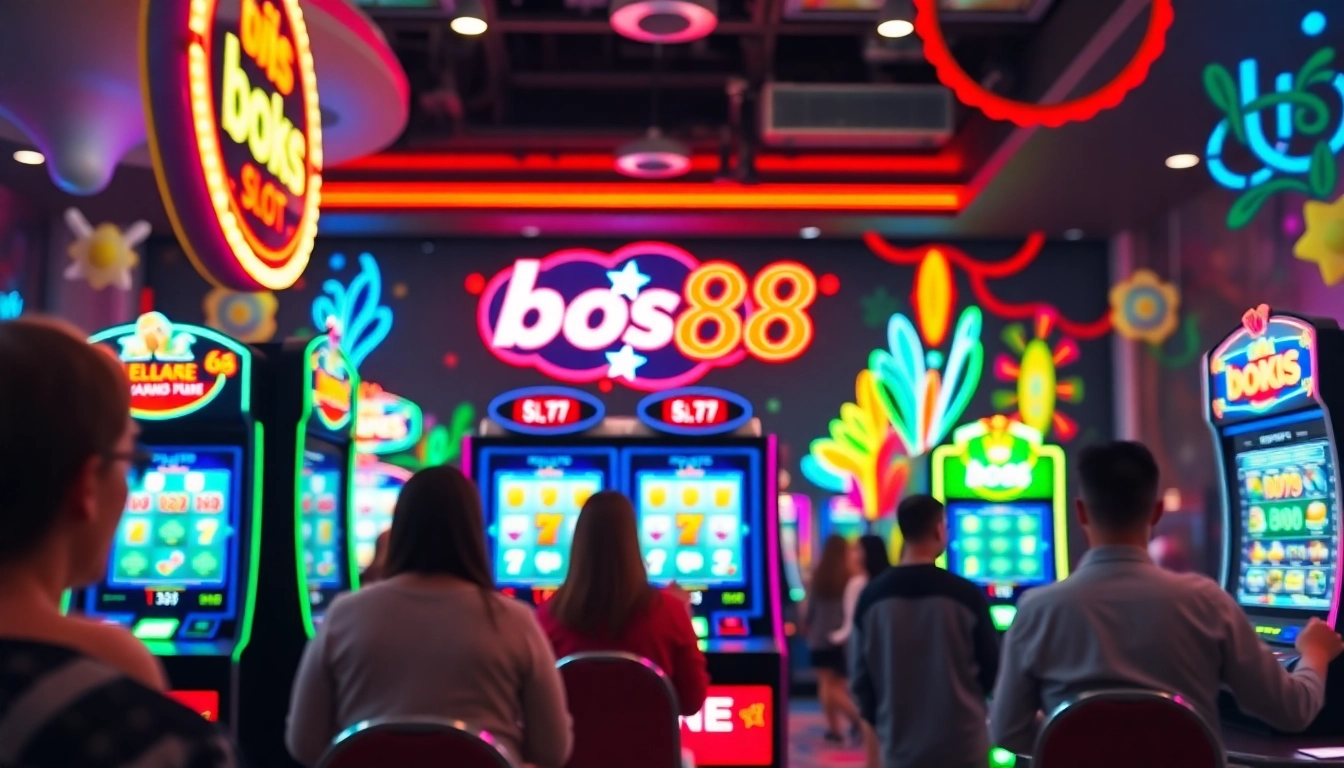 Permainan bos88 slot dengan antusiasme pemain di dalam kasino yang cerah dan enerjik.