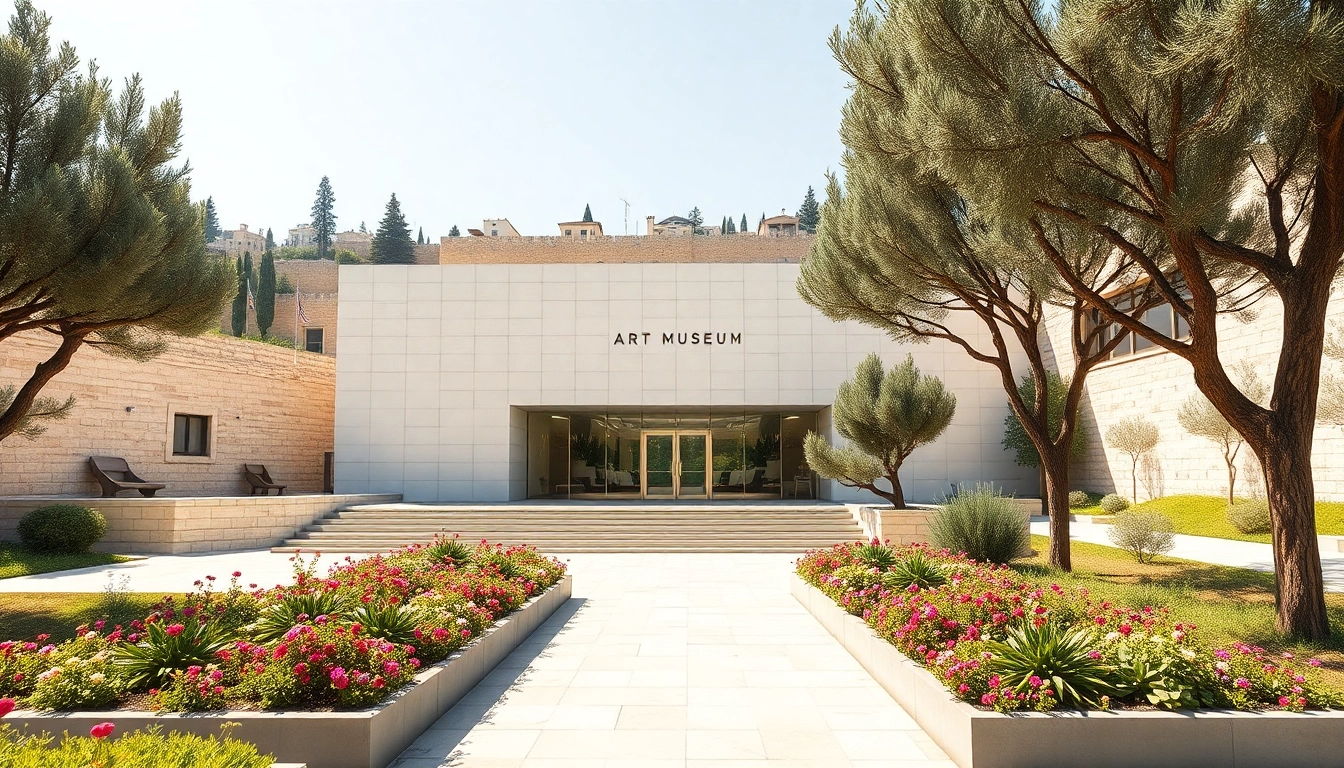 Visitors admiring the Jerusalem Art Museum's stunning exterior surrounded by Jerusalem's historic scenery.