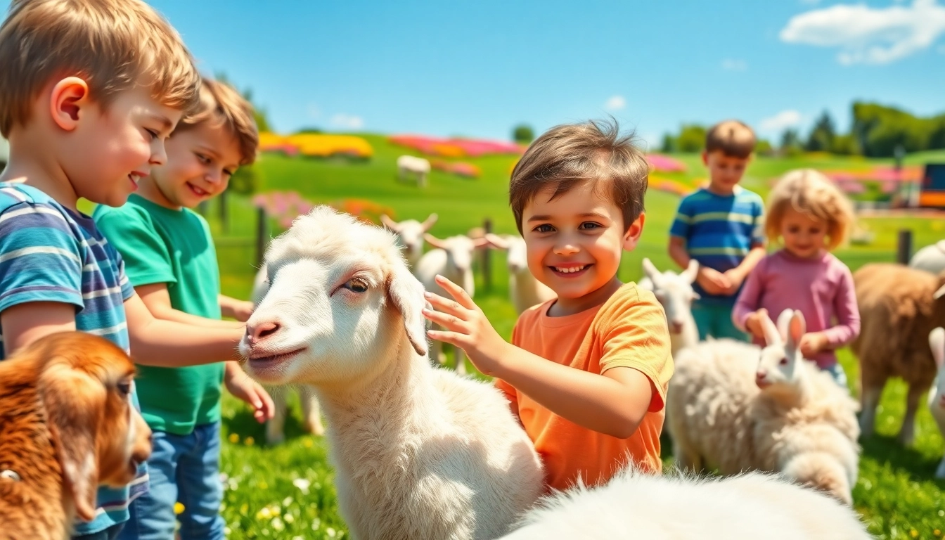 Children interact joyfully with animals at a petting zoo.
