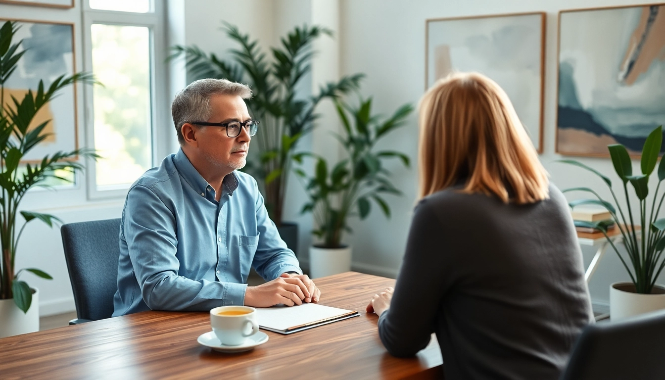 Engaging psychiatrist provides guidance in a serene office setting with soothing colors.