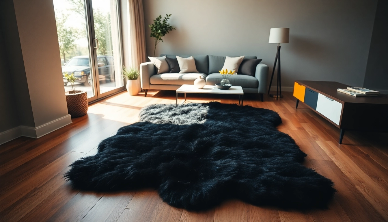 Enhance your space with a luxurious black sheepskin rug positioned beautifully in a modern living room.