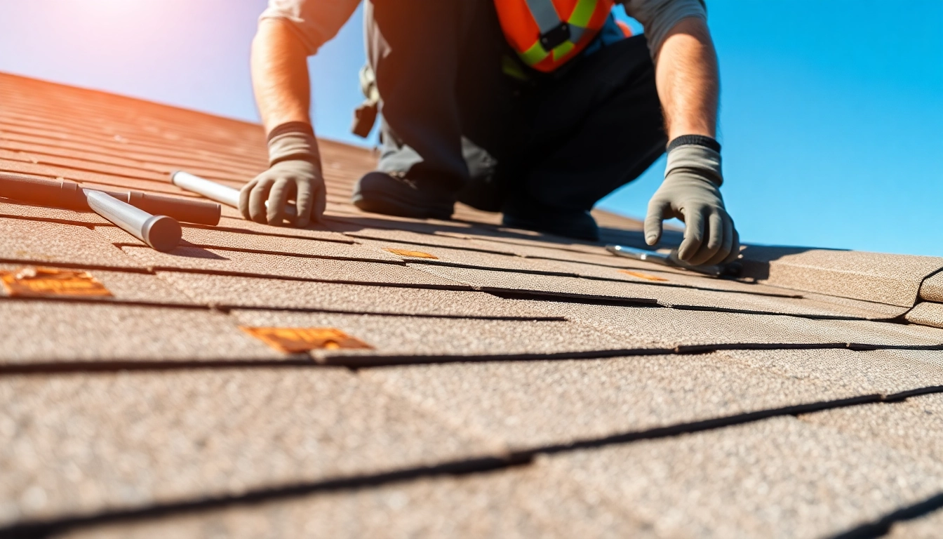 Engaging in roof repair Vancouver Wa with a professional contractor replacing shingles on a sunny day.