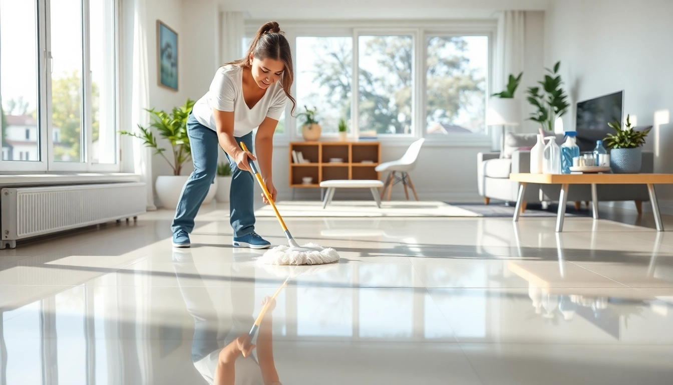 Bond cleaning in progress, showcasing a cleaner scrubbing surfaces in a bright apartment.